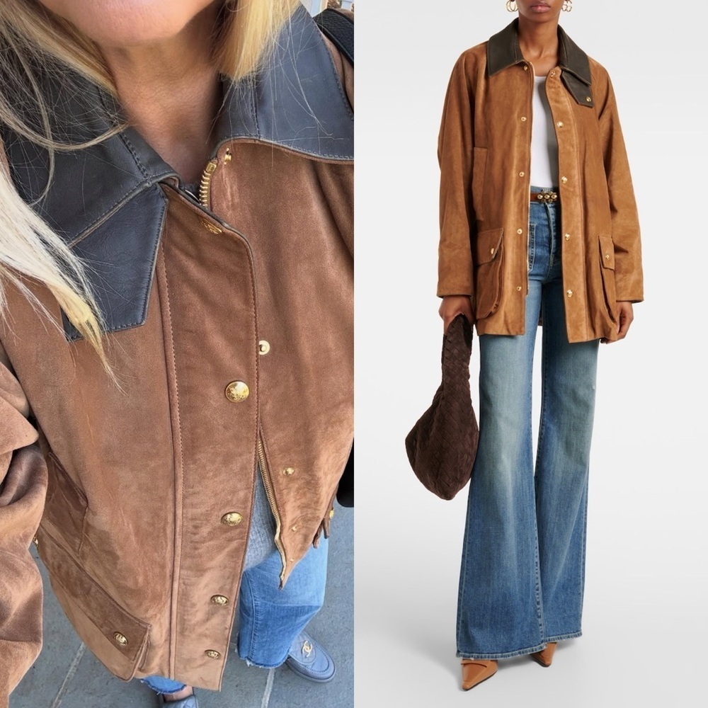 NILI LOTAN Kedem Leather Trimmed Suede Brown Jacket L